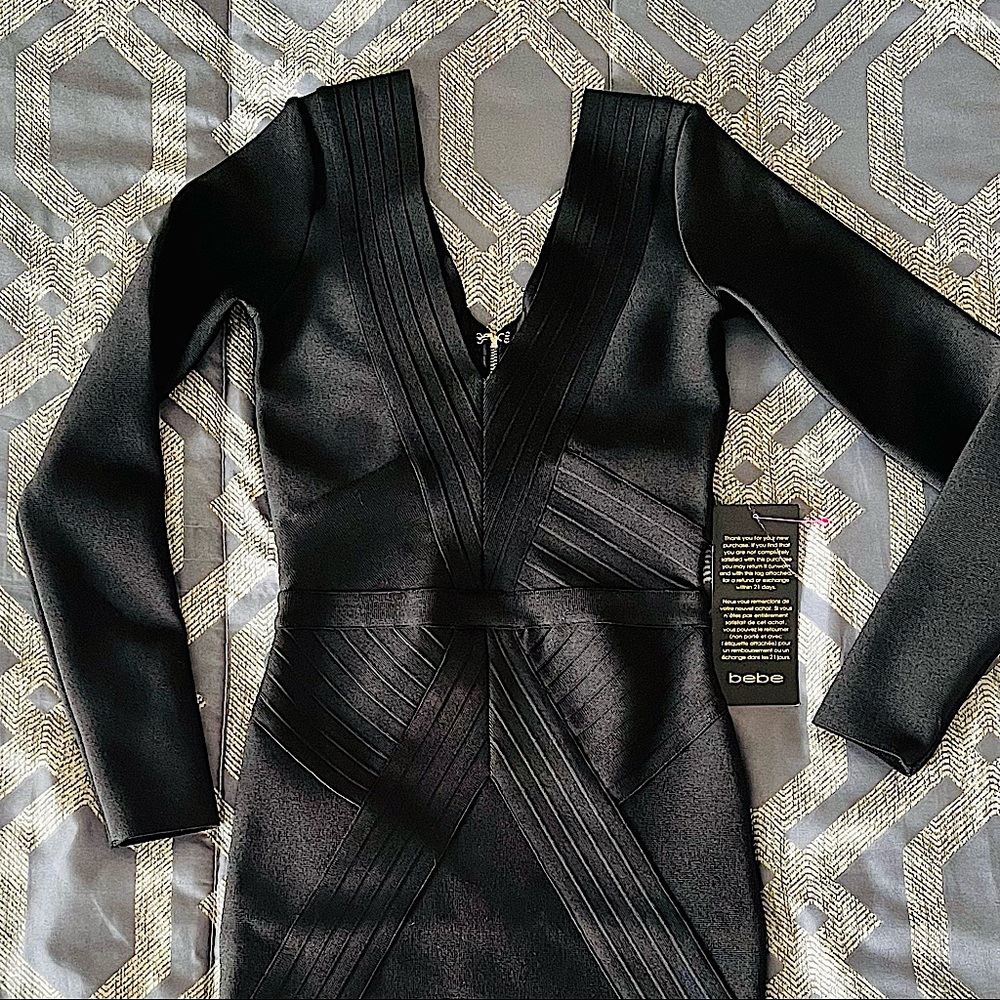 NWT BEBE Long Sleeve Bandage MIDI Dress Black XXS